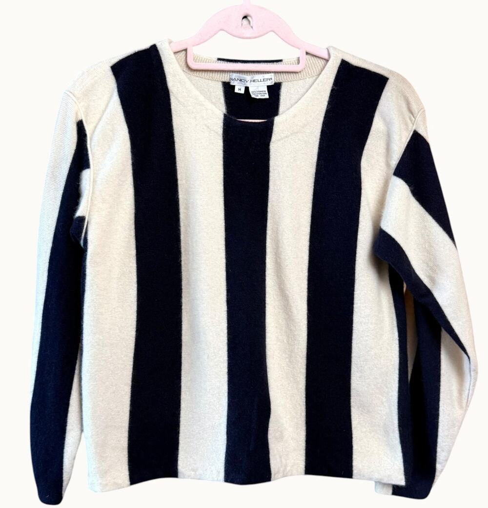 Vintage Nancy Heller 100% Cashmere Sweater M Black Ivory Striped Pullover
